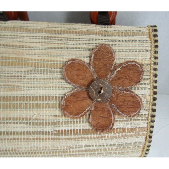 Mini Straw Purse Vintage Raffia Lined Wood Handles Cork Floral Design - Picture 2 of 5
